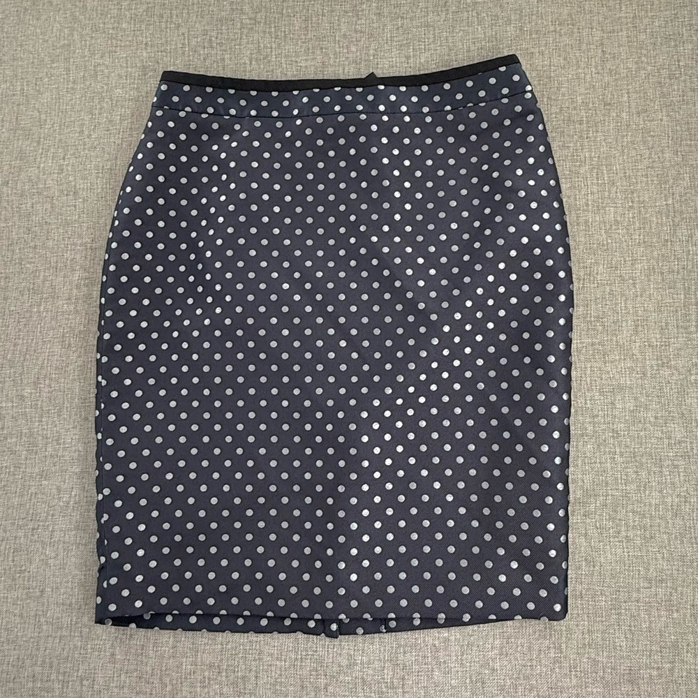 Ann Taylor Classic Pencil Skirt Polka Dots Navy Blue 8 Petite Lined Zipper Closu